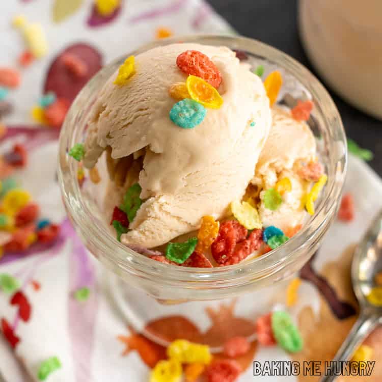 overhead shot of fruity pebbles ice cream in bowl