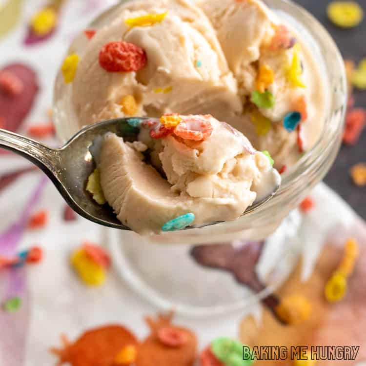 bite of fruity pebbles ice cream on a spoon