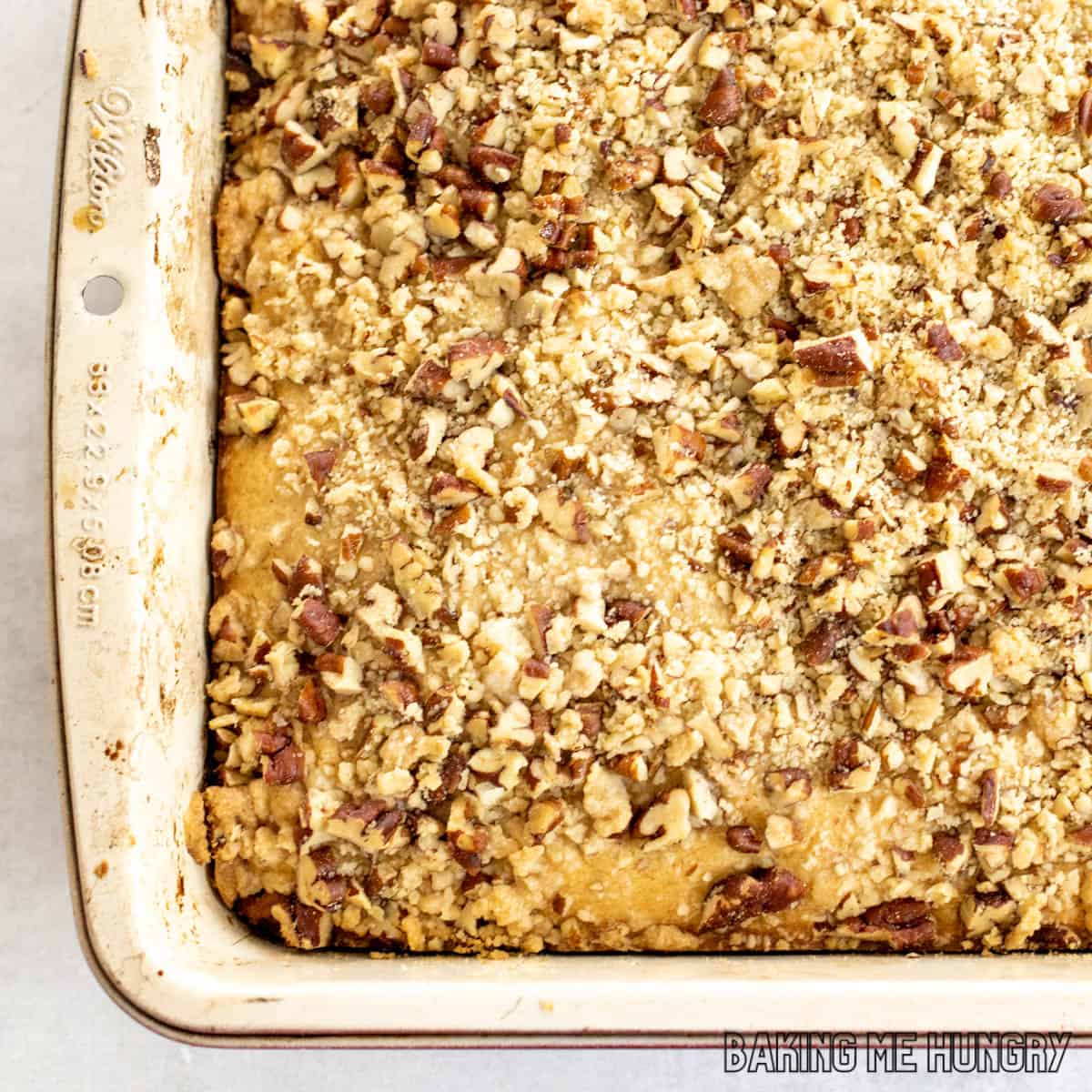 close up of cowboy coffee cake recipe in pan