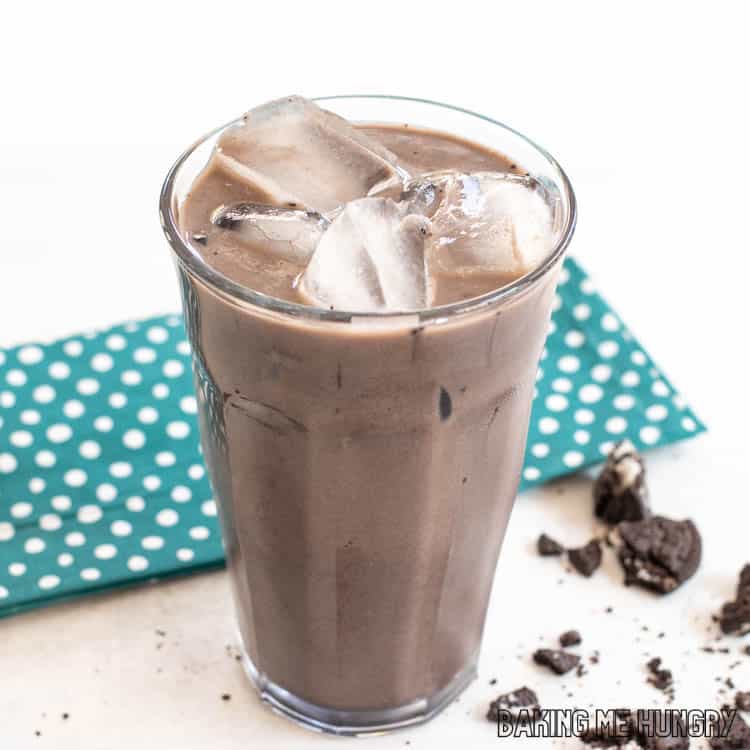 oreo iced coffee recipe in tall glass of ice