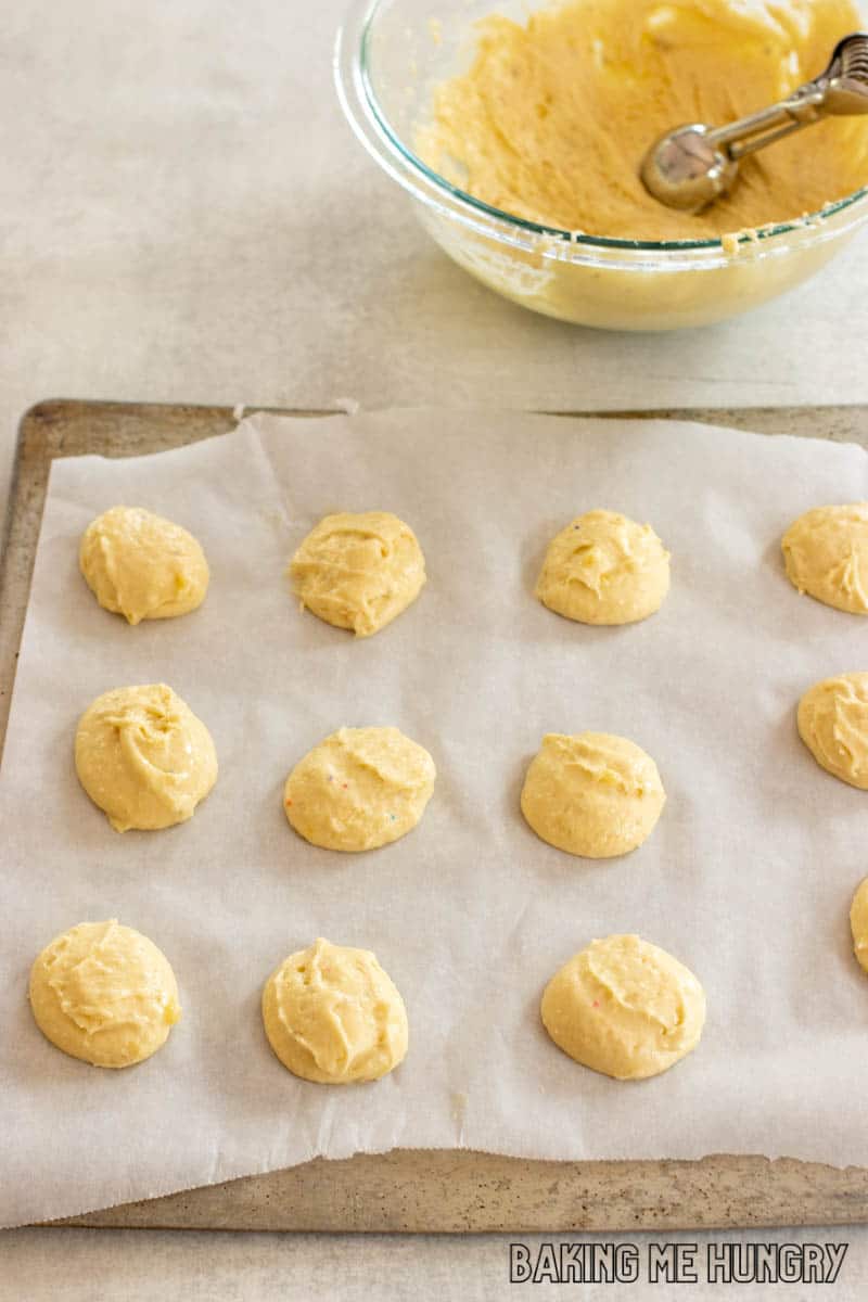 scoops of batter on tray