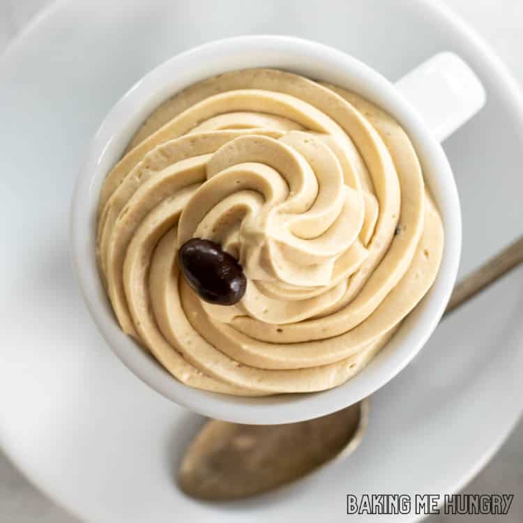 close up of the coffee mousse recipe piped into a mug