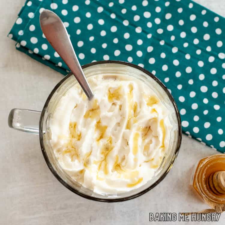 overhead shot of mug with honey latte recipe