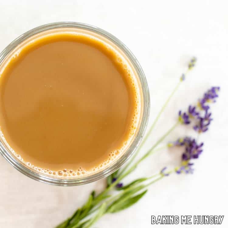 overhead shot of lavender coffee recipe in glass mug