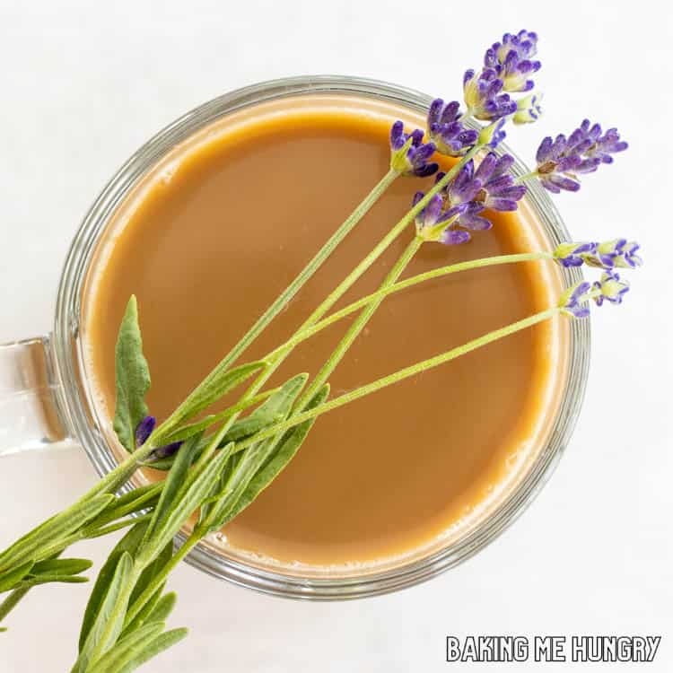 lavender coffee recipe with garnish of fresh lavender
