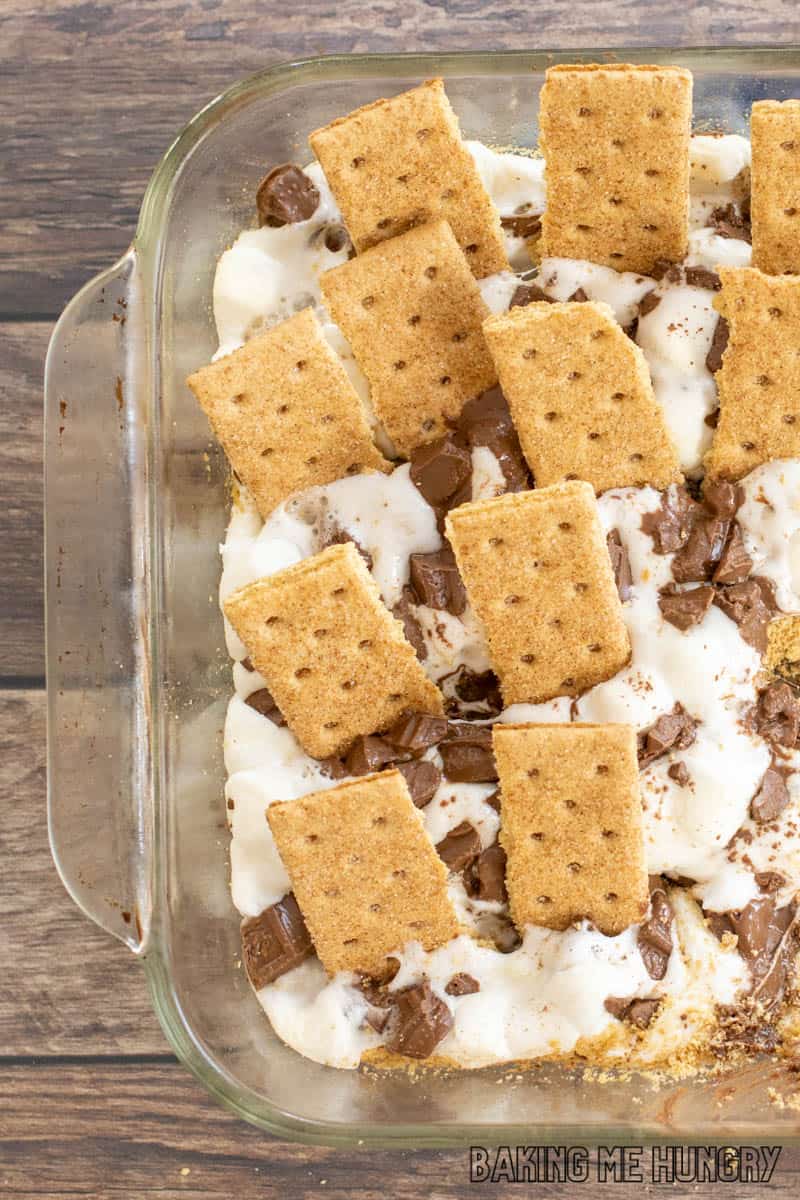 graham crackers stuck into the smores casserole recipe