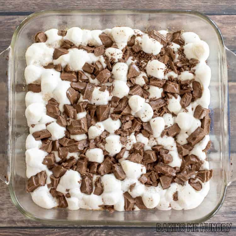 baked smores casserole recipe in glass dish