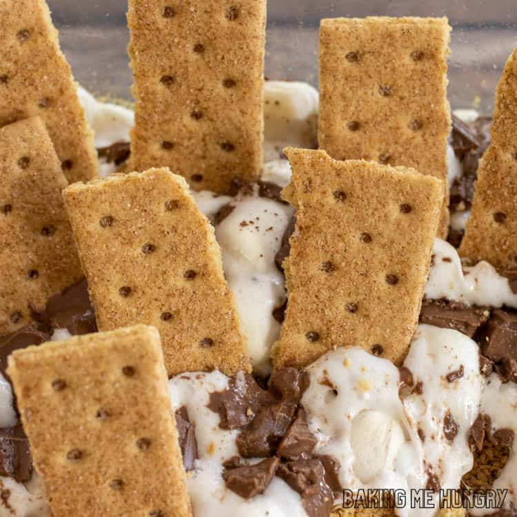 close up of smores casserole recipe as an oven baked s'mores dip
