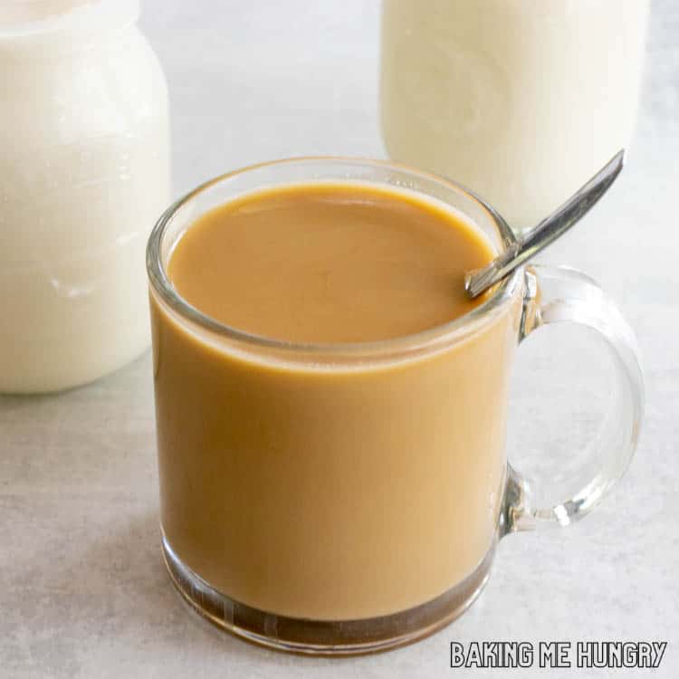 homemade creamer shown in coffee and in jars