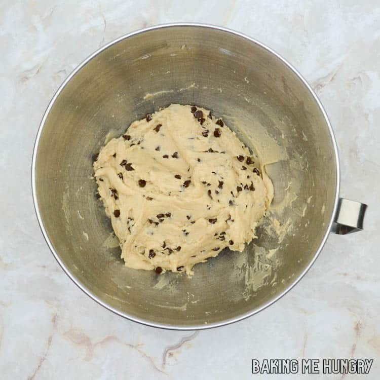 raw cookie dough in mixing bowl