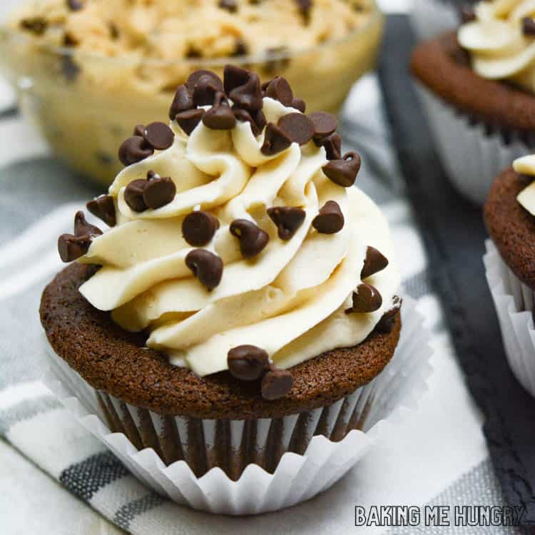 close up of a chocolate chip cookie dough cupcake