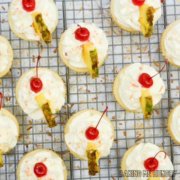 overhead shot of the pina colada cupcakes on wire rack