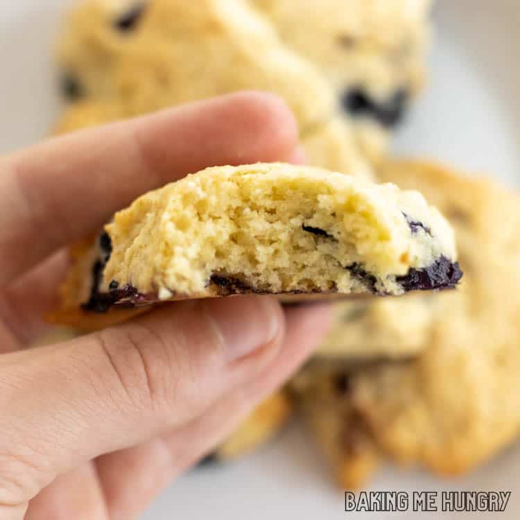 hand holding one of the starbucks blueberry scones with a bite missing