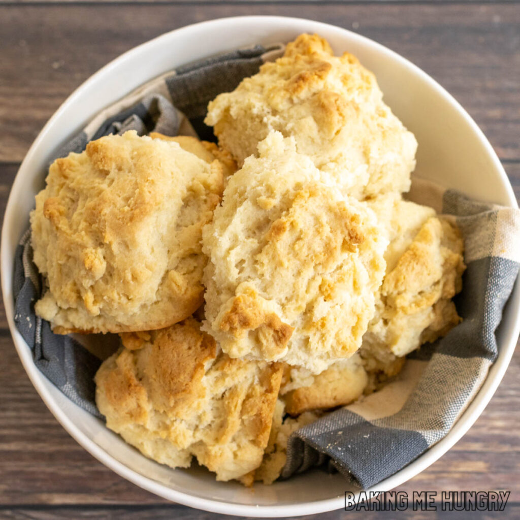3-ingredient biscuit recipe in bowl on top of cloth napkin