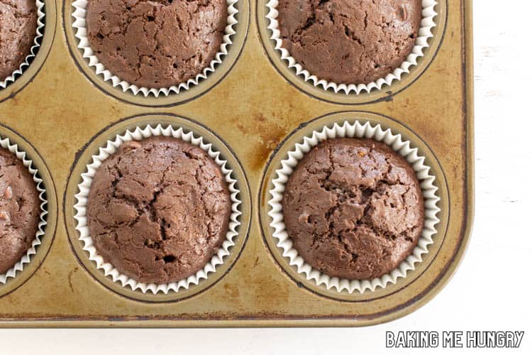 baked chocolate cupcakes in pan