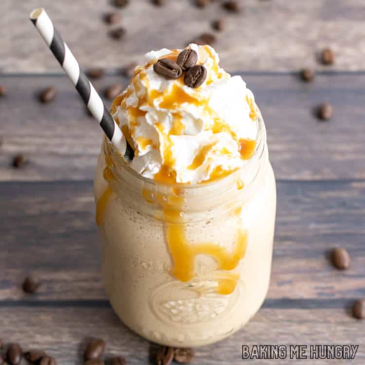 caramel frosted coffee recipe in mason jar topped with whipped cream