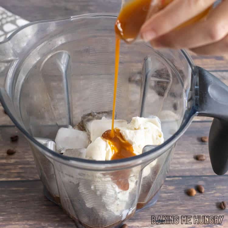 caramel being poured into blender