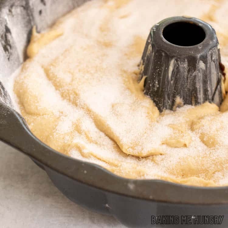 batter in pan topped with sugar