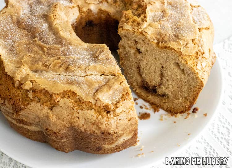 my grandmas coffee cake recipe served on platter with slice missing