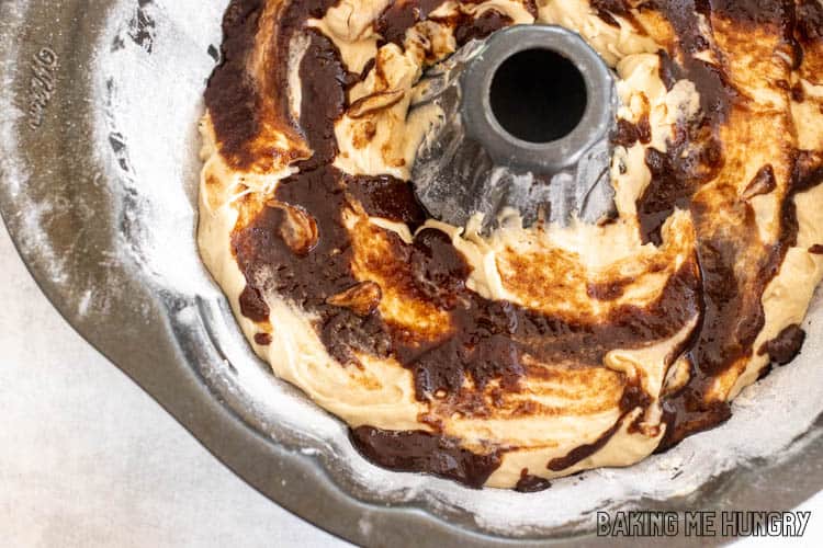 filling added to batter in bundt pan