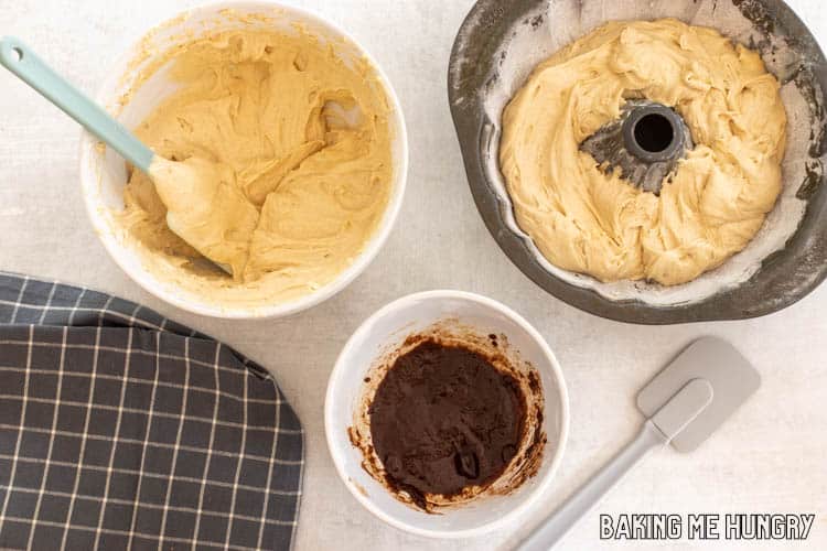 batter in bowl, bundt pan, and filling in small bowl