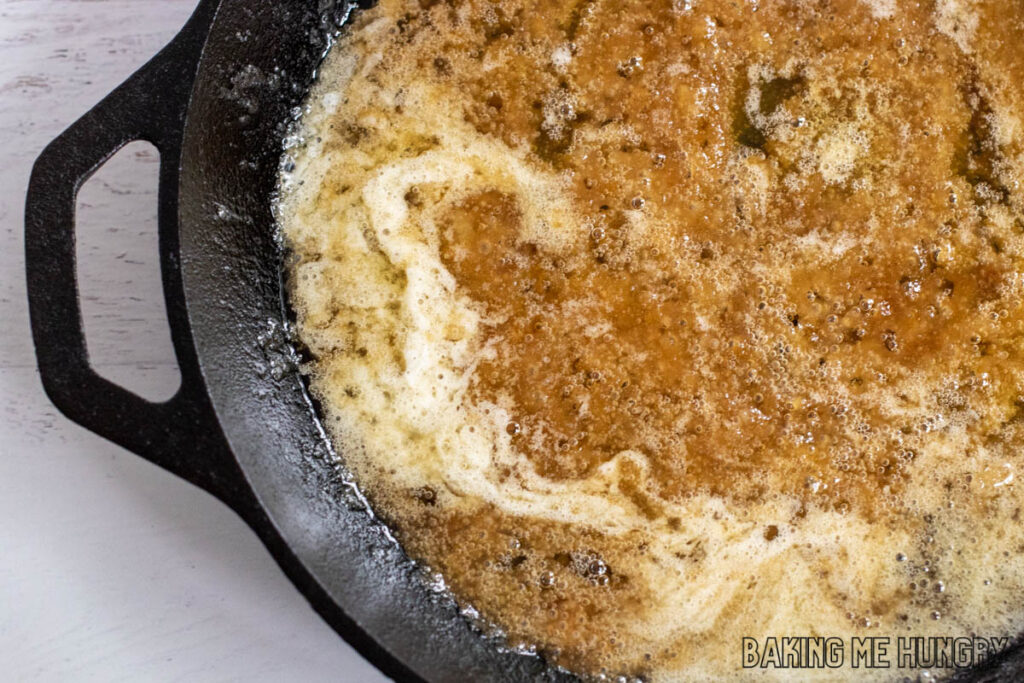 melted butter and sugar in skillet