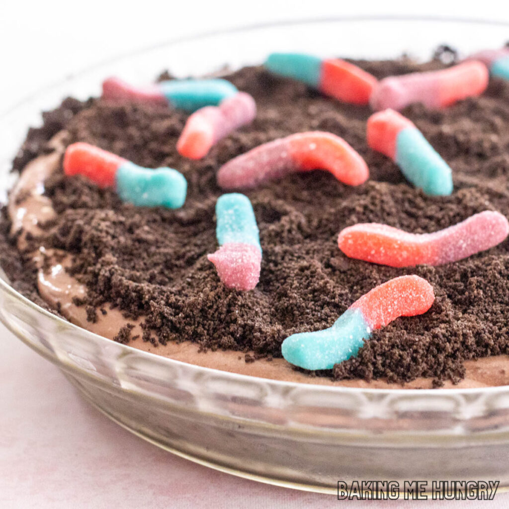 close up of gummy worms on top of the mud pie recipe