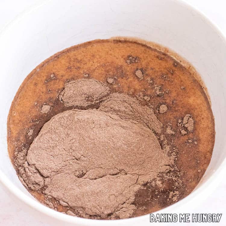 chocolate pudding mix and milk in bowl