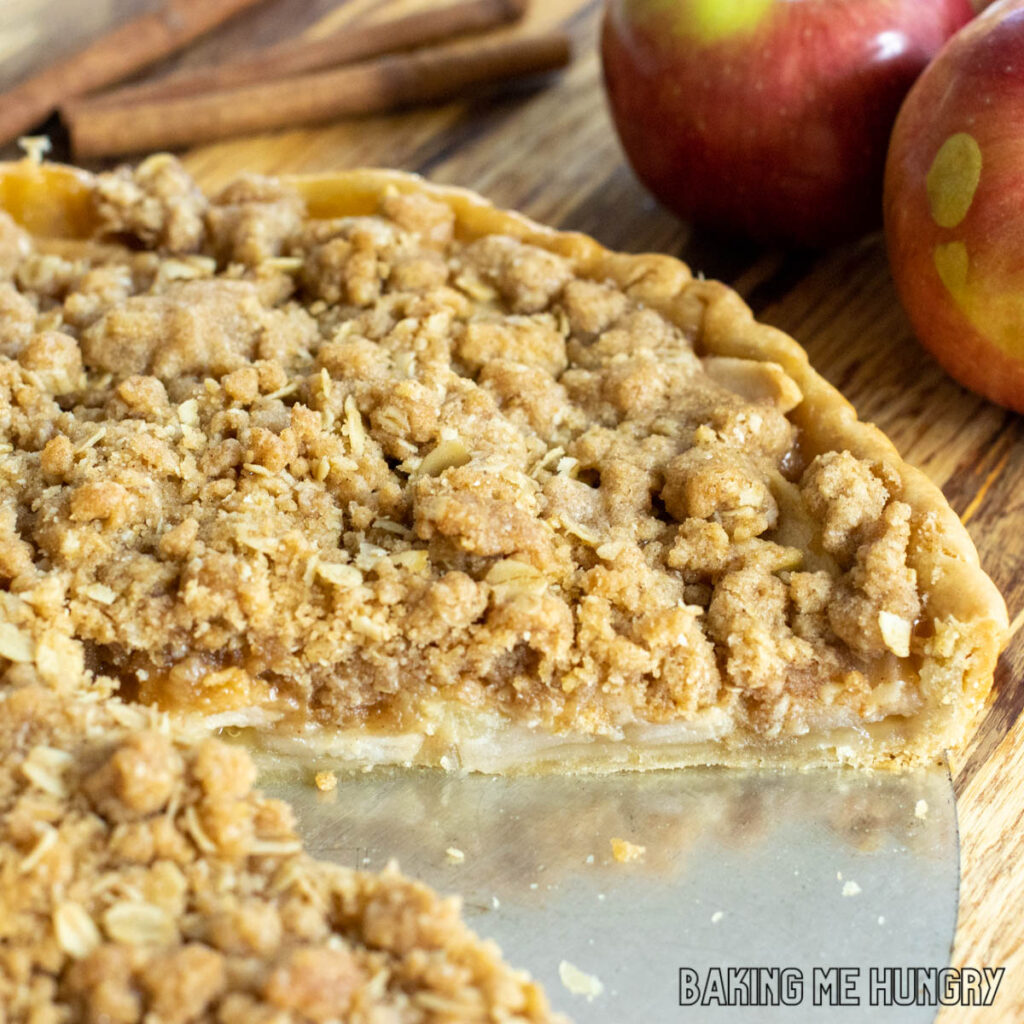 apple crumble tart recipe with slice missing