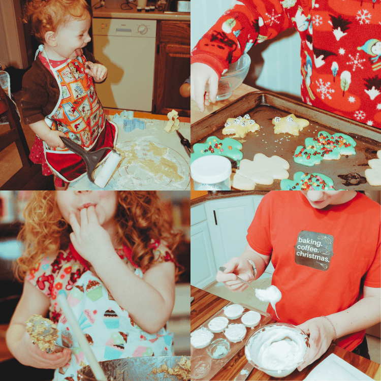 collage of photos of small child baking