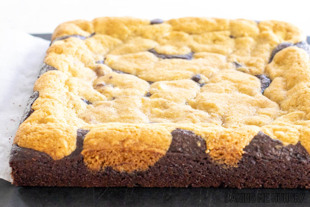 side view of baked cookie brownies removed from pan