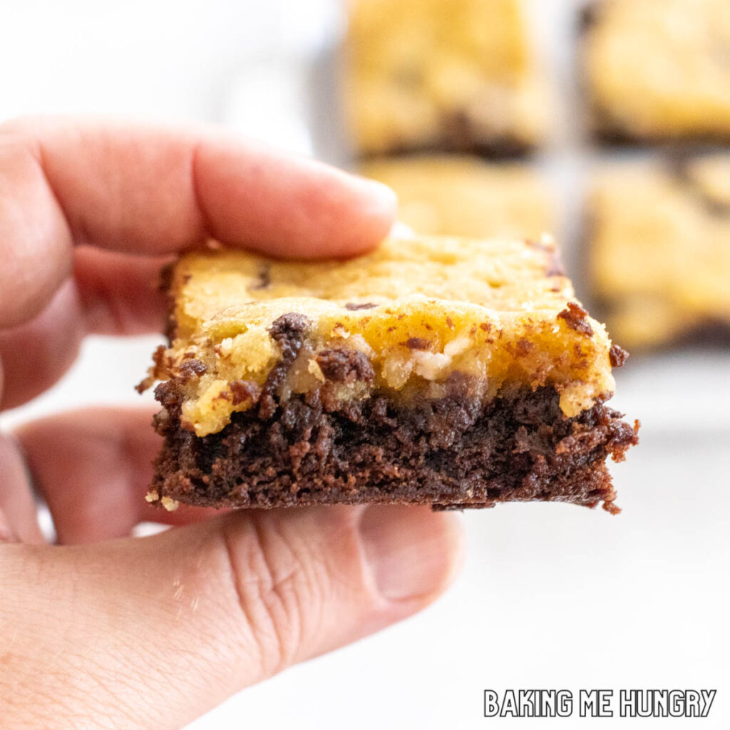 hand holding one of the marbled cookie brownies recipe