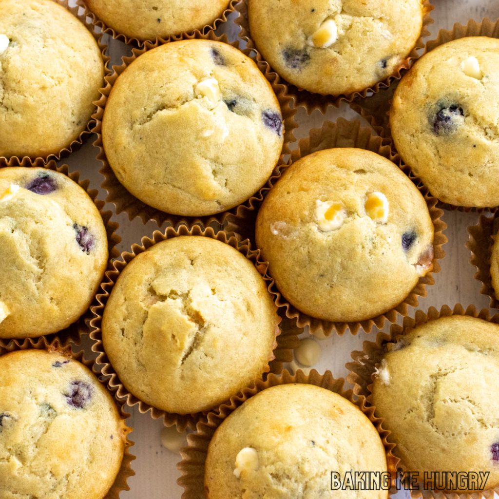 overhead shot of blueberry white chocolate muffins