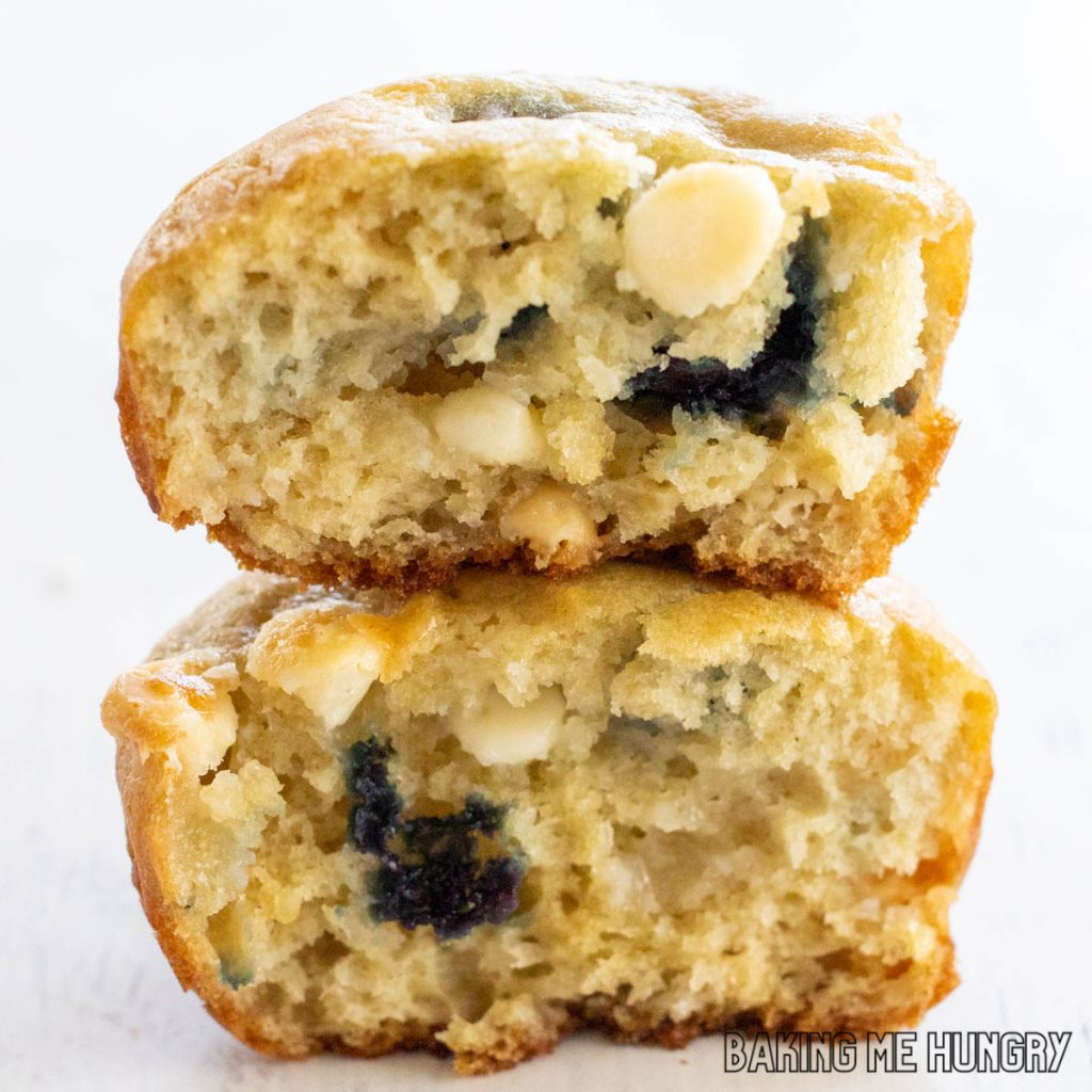 blueberry white chocolate muffins halved and stacked