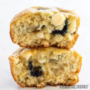 white chocolate and blueberry muffins halved and stacked