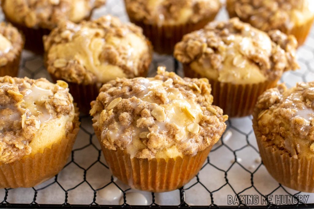 wire rack with glaze topped cinnamon streusel muffins recipe