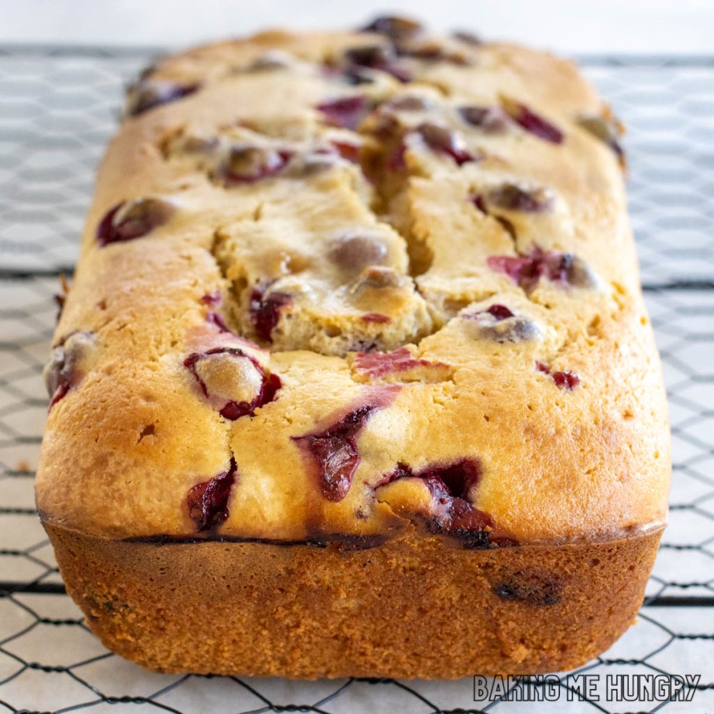 cranberry cream cheese bread cooling on wire rack