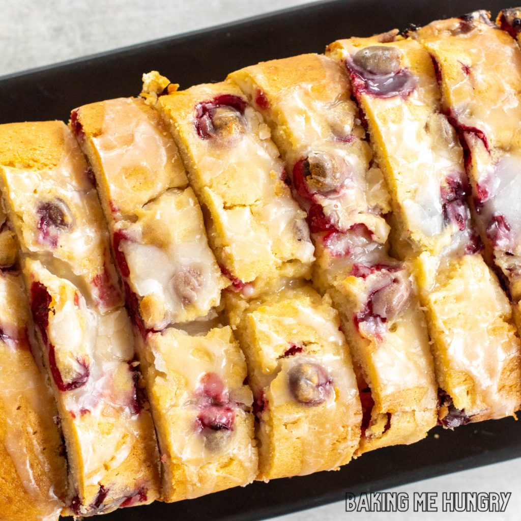 cranberry cream cheese bread shown sliced from overhead
