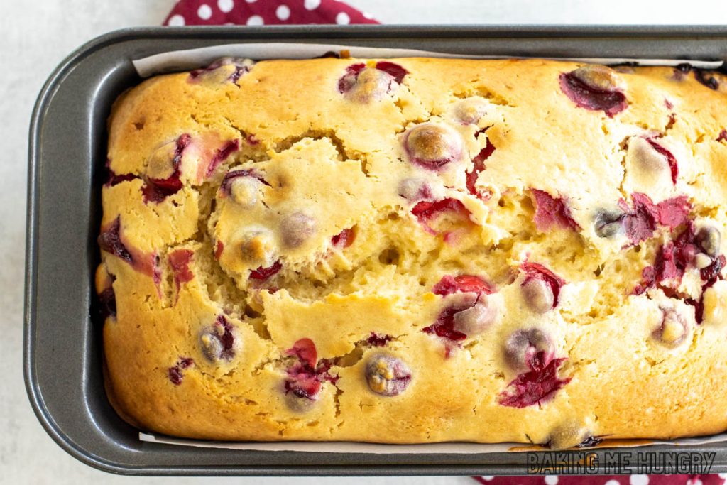baked cranberry cream cheese bread in pan