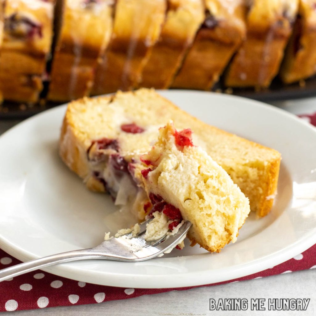 bite of cranberry cream cheese bread on fork