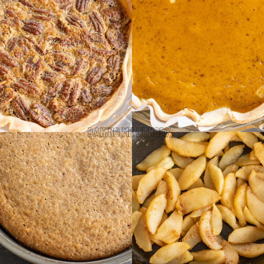 baked pies, cake, and apple filling