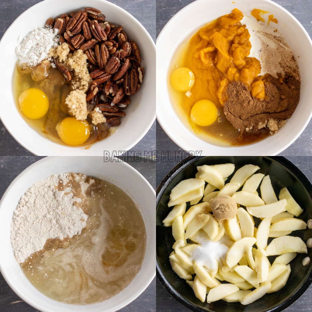 collage of 3 bowls and 1 frying pan showing ingredient for each layer