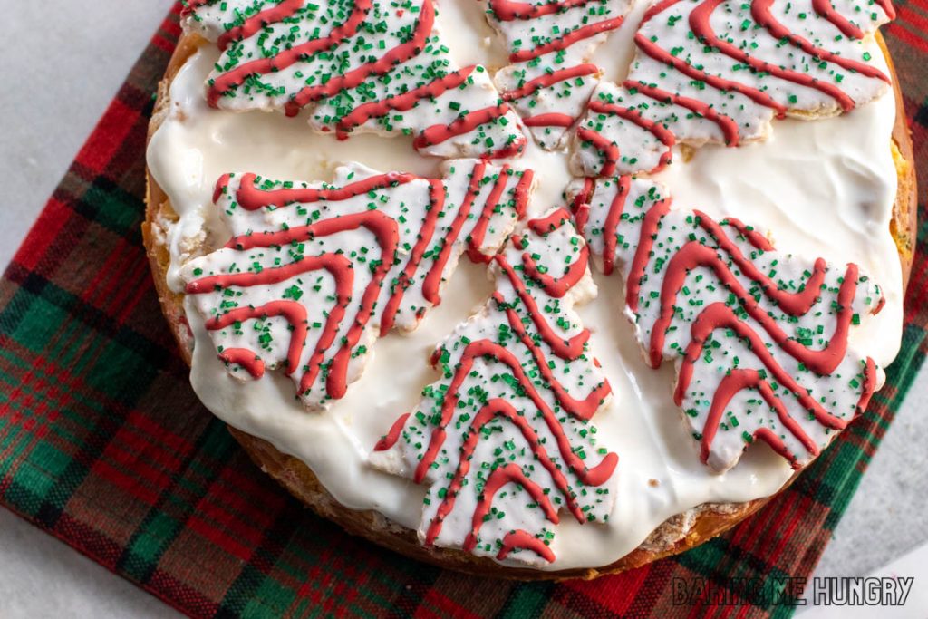 close up of little debbie christmas tree cheesecake