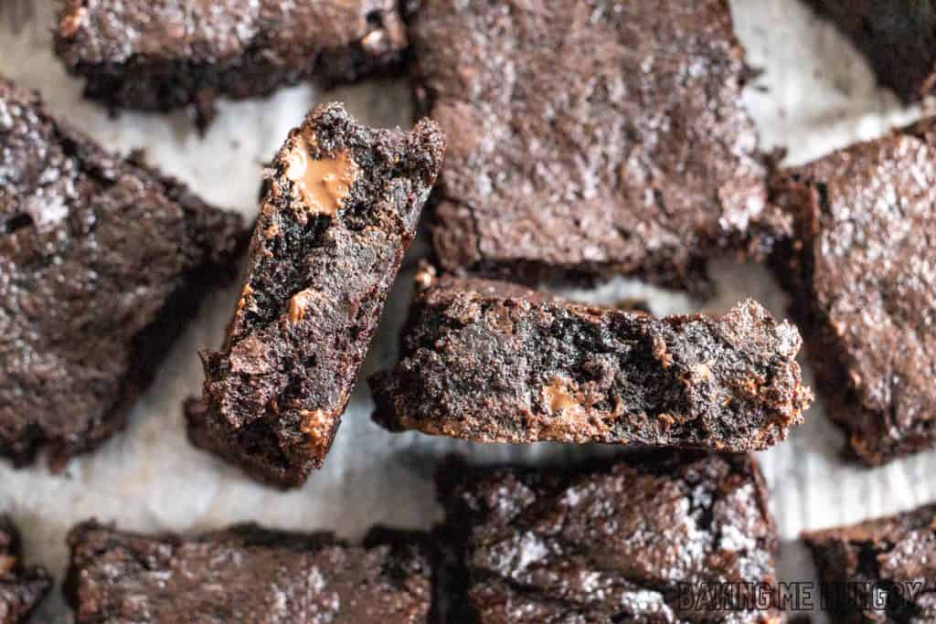 a couple of the dairy free chocolate brownies sideways to show texture
