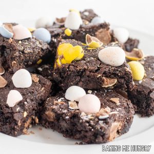 mini egg brownies recipe close up on plate