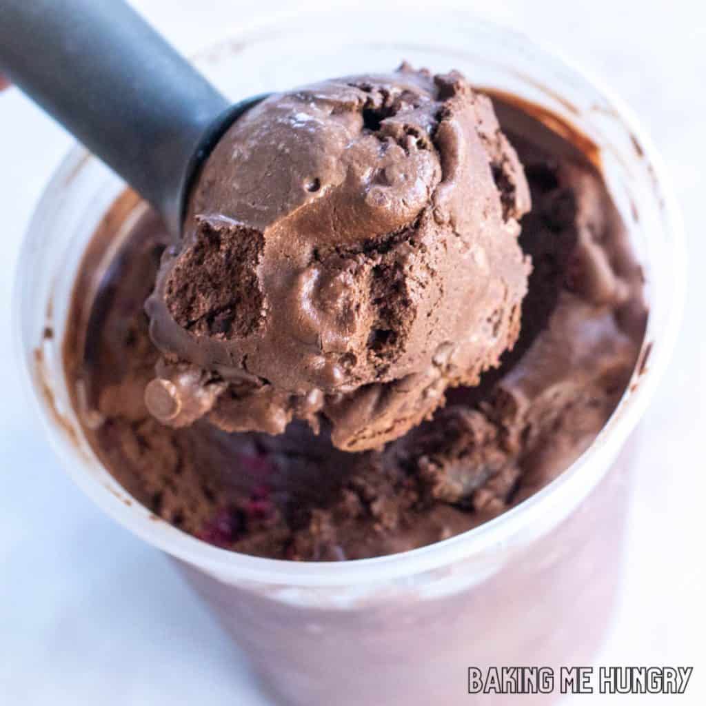 dark chocolate raspberry ice cream on scoop