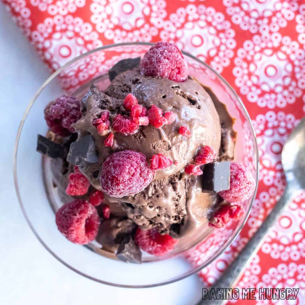 overhead shot of the raspberry dark chocolate ice cream in a bowl