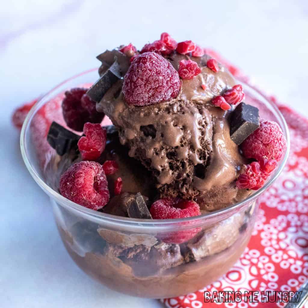 bowl of dark chocolate raspberry ice cream with toppings