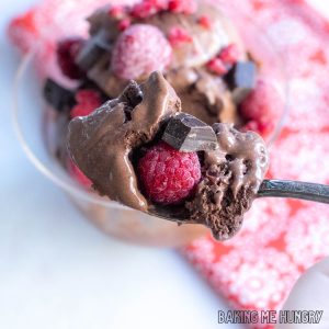 dark chocolate raspberry ice cream on a spoon