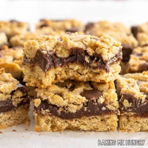starbucks oat fudge bars recipe shown with bars stacked with the top one missing a bite